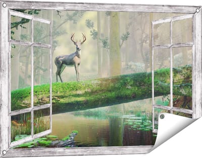 Gards Tuinposter Doorkijk Hert in het Bos op een Boom - 90x60 cm - Tuindoek - Tuindecoratie - Wanddecoratie buiten - Tuinschilderij