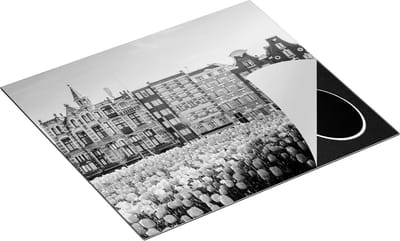 Chefcare Inductie Beschermer Amsterdamse Huisjes met Tulpen - Kleur - Zwart Wit - 60x50 cm - Afdekplaat Inductie - Kookplaat Beschermer - Inductie Mat