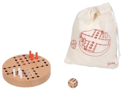 Goki houten Ludo spel compact in katoenen zak - reisspel.