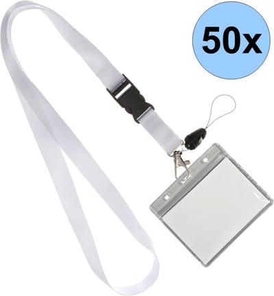50 Witte Keycords Met Badgehouders - Keycord + Badgehouder Plastic XL - Sleutelkoord - Badgehouder - 51cm - 20mm - Wit - 50 Stuks