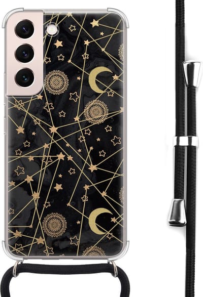 Hoesje met koord - Geschikt voor Samsung Galaxy S22 - Sterren, zon, maan - Verstelbaar zwart koord - Crossbody - Sterren - Zwart, Transparant - Leuke Telefoonhoesjes