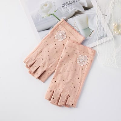 Gants d'été fins antidérapants demi-doigts pour femmes, pour l'équitation en extérieur et la conduite, sports, pur coton, protection solaire UV, thé, nail art One Size beige