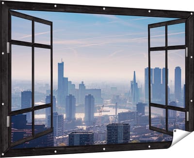 Gards Tuinposter Doorkijk Rotterdamse Skyline - 180x120 cm - Tuindoek - Tuindecoratie - Wanddecoratie buiten - Tuinschilderij
