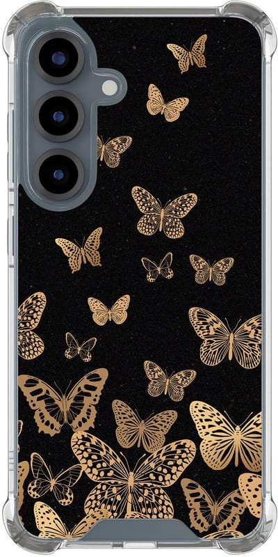 Shockproof hoesje - Geschikt voor Samsung Galaxy S25 - Vlinders - Extra sterke case - TPU/polycarbonaat - Print / Illustratie - Zwart, Goud, Transparant