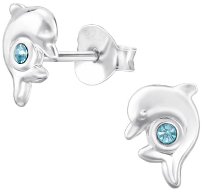 Joy|S - Zilveren dolfijn oorbellen - 5 x 7 mm - zilver met blauw kristal - kinderoorbellen