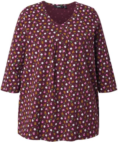 Ulla Popken - Dames - Shirt peperkoekfiguurtjes A-lijn V-hals 3/4-mouwen - Pruim - Maat 42+