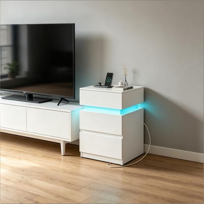 REDOM - Set van 2 nachtkastjes - met LED-verlichting en laadstation - 2 lades en klepvak - moderne stijl - slaapkamer - hout - Wit - 40 x 35 x 55 cm
