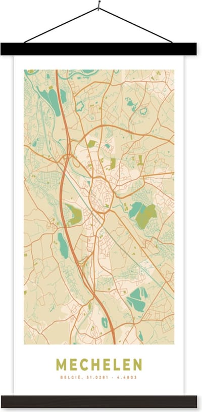 Posterhanger incl. Poster 40x80 cm - Schoolplaat - Kaart - Retro - Vintage - Mechelen - Plattegrond - Stadskaart - Textielposter - Zwarte latten - Stadskaart