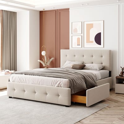 140 x 200 cm Gestoffeerd bed met laden - tweepersoonsbed met lattenbodem en rugleuning - beige - zonder matras