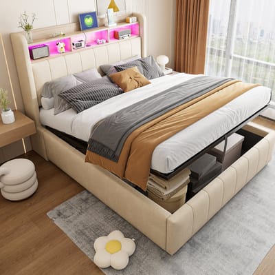 Gestoffeerd bed van 140 x 200 cm, met ledverlichting en USB-poort, hoofdeinde met plank en opbergruimte, hydraulisch hefmechanisme, tweepersoonsbed voor volwassenen, beige linnen stof.