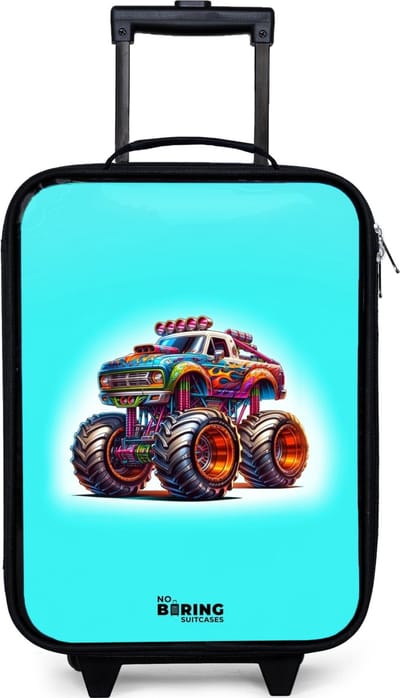 NoBoringSuitcases.com® - Kinderkoffer jongen - Kindertrolley meisje - Monstertruck op Lichtblauwe Achtergrond - Koffer kind lichtgewicht - Reiskoffer trolley voor kinderen - Koffertje met lichtgevende wieltjes - Rolkoffer zwart