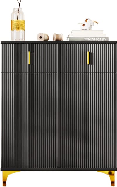 Elegante Sideboard/Schoenenkast - Structuurpanelen - Verstelbare Planken - Vergulde Versieringen - Lades