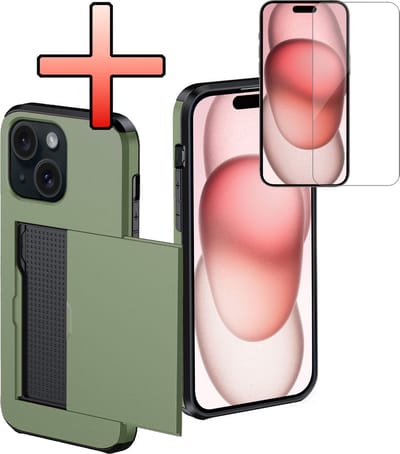 Hoes Geschikt voor iPhone 15 Hoesje Pasjeshouder Hard Cover Met Screenprotector Shock Proof Hard Case Hoes Met Kaarthouder - Donkergroen