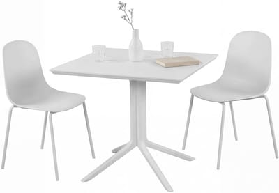 CLP Zeron Tuinmeubelset - 2 Stapelbare Stoelen + Tafel 80x80 cm - Weerbestendige Balkonset voor Tuin & Terras - wit