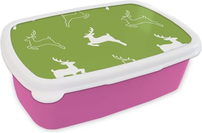 Broodtrommel Roze - Lunchbox - Brooddoos - Hert - Groen - Patronen - 18x12x6 cm - Kinderen - Meisje
