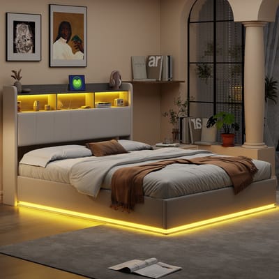 Zwevend bed, LED-verlichting rondom en in het hoofdbord, met opbergvak en opbergruimte onder het bed, modern design, 160x200 cm – Wit