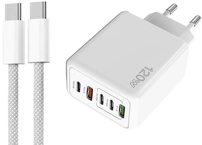 120W 5-Poorts Snellader - USB-C PD + QC3.0 - Incl. 1 meter USB-C naar USB-C kabel - Multiport USB Adapter lader geschikt voor telefoons, tablets etc. - wit