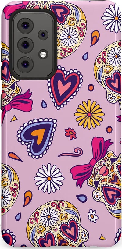 Casetastic hoesje geschikt voor Samsung Galaxy A52 (2021) 5G / Samsung Galaxy A52 (2021) 4G - Dubbellaagse bescherming - Dia de los Muertos Doodshoofd Strik - Fashion Case - Lichtroze Lila Taupe Zilver