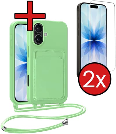 Hoesje Geschikt voor iPhone 17 Hoesje Met Telefoonkoord en Pasjeshouder Met 2x Screenprotector Siliconen - Hoes Geschikt voor iPhone 17 Hoesje Met Kaarthouder Case - Groen
