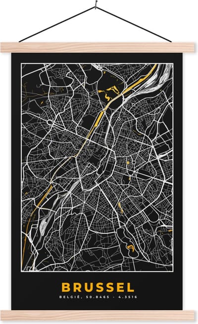 Posterhanger incl. Poster 40x60 cm - Schoolplaat - Stadskaart - Brussel - Goud - Kaart - Plattegrond - Textielposter - Blanke latten - Stadskaart