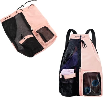 1 stuk - Mesh strandrugzak, trekkoordzwembadtas, waterdichte sporttas voor reizen en fitness 29 x 15 x 48 cm (roze)