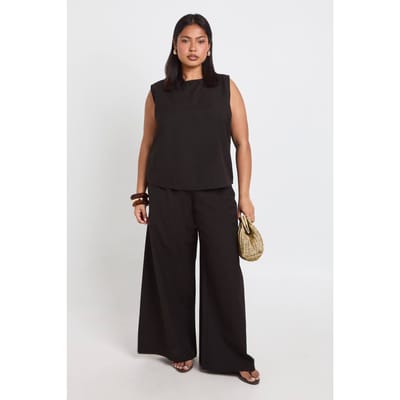boohoo Dames Plus Boxy Linnen-look Vest Top En Wijde Pijpenbroek | Zwart | Maat: 50