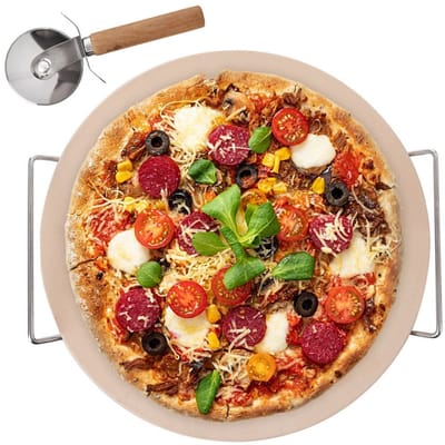 Orion - Pizzasteen Set - 33cm - Sjamoet - Inclusief Mes en Standaard