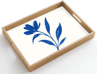 Dienblad hout 50x35 cm - Schootdienblad - Bloem - Blaadjes - Minimalistisch - Blauw - Borrelplank rechthoek - Plateau dienbladen