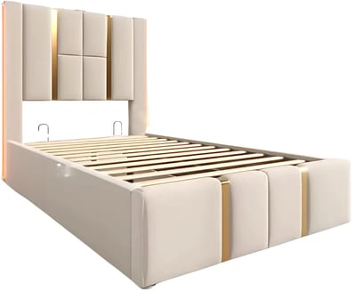 Bed - Eenpersoonsbedden - Voor Slaapkamer of Jeugdkamer - Met USB-C Oplaadfunctie, LED-verlichting & App-bediening - Opbergruimte, Lattenbodem & Beige Linnen - 90x200 cm