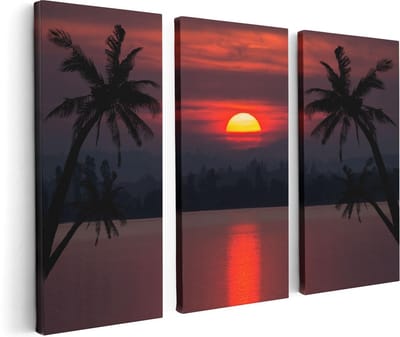 Artaza Canvas Schilderij Drieluik Zonsondergang Op Het Strand Met Palmbomen - 120x80 - Foto Op Canvas - Canvas Print