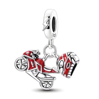 Fler® | Bedel | Past op populaire bedelarmbanden (standaard - 3mm) | Motor en Helm Bedel | Hangbedel Charm | 925 sterling zilver | Rode & Zwarte emaille | Valentijnsdag Cadeau | Sinterklaas kado | Kerstcadeau | Verjaardagsgeschenk | Vriendschap