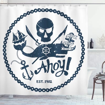 ABAKUHAUS Douchegordijn Nautisch Piraten-Schedel – 175x200 cm – Donkerblauw/Wit