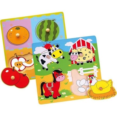VIGA Houten Legpuzzels met Knoppen - Fruit en Boerderijdieren, 2x4 Delen, Educatief Speelgoed voor Kinderen, Verbeter Hand-Oogcoördinatie, Afm. 22x22 cm, 2 Stuks per Set