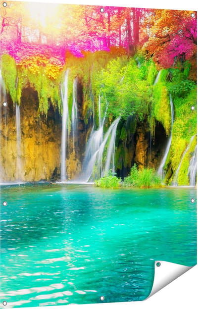 Gards Tuinposter Waterval met Roze en Groene Bloemen - 90x120 cm - Tuindoek - Tuindecoratie - Wanddecoratie buiten - Tuinschilderij