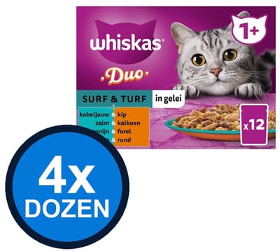 4x Whiskas - 1+ Pouch Adult Gelei Duo Surf & Turf Sel Multipack (12x85g) - Kattenvoer Natvoer - 1.02 kg