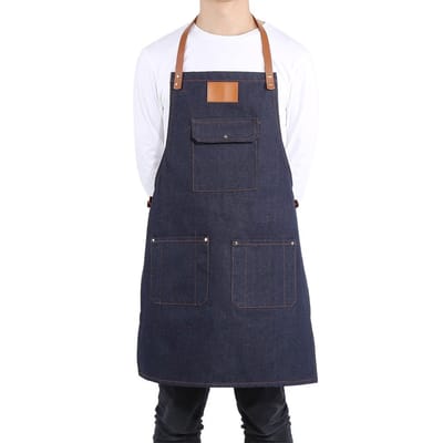 Dailygoods- Keukenschort Professioneel - Verstelbare Lederen Band - Dikke Denim - Schort voor Chef - Antislip - Comfortabele Nekband