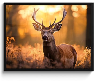 Poster in lijst - Fotolijst 70x50 cm - Posters - Hert - Gewei - Herfst - Bos - Bruin - Natuur - Bosdieren - Posterlijst zwart - Decoratie - Wanddecoratie woonkamer - Muurdecoratie slaapkamer