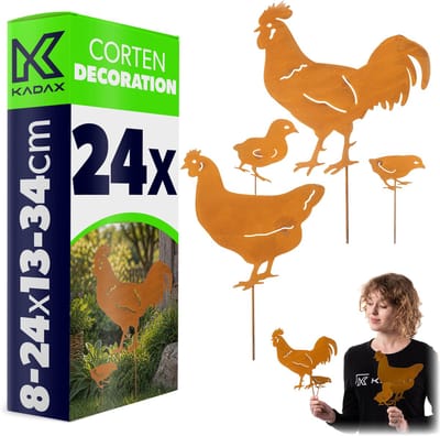 KADAX tuindecoratie: kippenfamilie van cortenstaal, 24-delige set met kippen, haan en kuikens, metalen tuindecoratie in roestlook, decoratie met natuurlijke roestlaag voor in de tuin