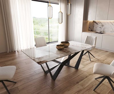 Eetkamertafel Edge keramiek Minas Melange wit-beige 200x100 spider vlak staal zwart