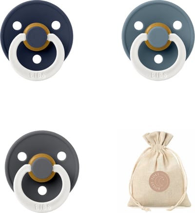 Bibs fopspenen maat 1 0-6 maanden - set 3 spenen + bolletoet speenzakje - Glow Petrol, Deep space, Iron