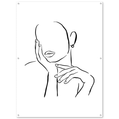 Tuinposter 120x160 cm - Tuindecoratie Abstracte line art van een vrouw met haar hoofd in haar hand - Poster voor in de tuin - Buiten decoratie - Schutting tuinschilderij - Tuindoek muurdecoratie - Wanddecoratie balkondoek
