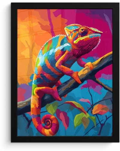Poster in lijst - Fotolijst 30x40 cm - Posters - Kameleon - Tak - Gestreept - Bladeren - Posterlijst zwart - Decoratie - Wanddecoratie woonkamer - Muurdecoratie slaapkamer