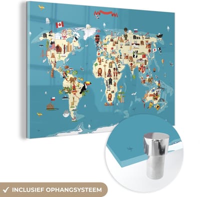 ® Glasschilderij 150x100 cm - Schilderij acrylglas - Wereldkaart Kinderen - Aarde - Symbolen - Foto op glas - Muurdecoratie woonkamer - Wanddecoratie slaapkamer - Schilderijen