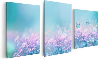 Artaza Canvas Schilderij Drieluik Twee Blauwe Vlinders Bij Roze Bloemen - 120x60 - Foto Op Canvas - Canvas Print