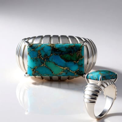 Cavill - Zilveren ring - 925 Sterling zilver platina verguld - Blauwe Mohave koper turkoois 4,643 ct baguette cabochon - modern stijl