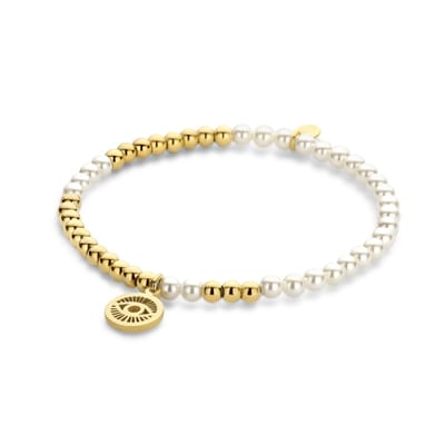 CO88 Collection 8CB-91273 Kralen Armband Staal en Parel met Hangertje - Oog - 10mm Doorsnee - 4 en 3,5mm - Rekbaar - 17,8cm - Goudkleurig;Wit