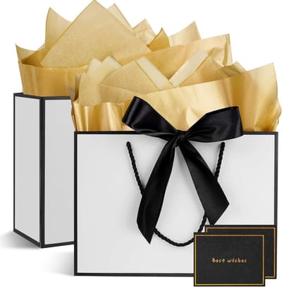 SnelShoppen - Elegante Cadeauverpakkingen Set met Handvatten - 2 Stuks Papier, 2 Zakdoeken en 2 Wenskaarten voor Vrouwen, Meisjes, Bruidsmeisjes, Verj