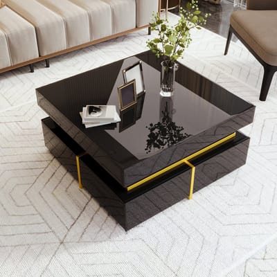 DESMIU Salontafel - Hoogglans Met Twee Lades En Gouden Details - Voor Woonkamer En Appartement - Spaanplaat - Zwart - 70x70x35,5 Cm