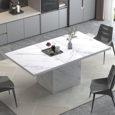 Moderne Witte Eettafel met Faux Marmeren Tafelblad voor 6 Personen