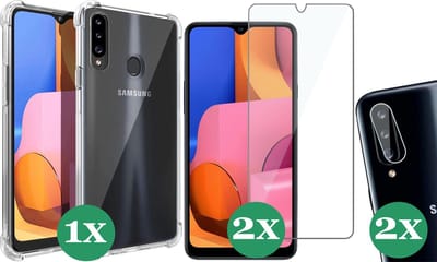 Hoesje geschikt voor Samsung Galaxy A20e - 2x Screenprotector Glas & 2x Camera Screen Protector - Transparant Shock Case